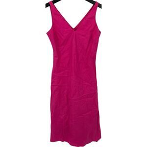 Women's Hot Pink 100% Linen Lauren by Ralph Lauren Lined V Neck Midi Dress Sz 4